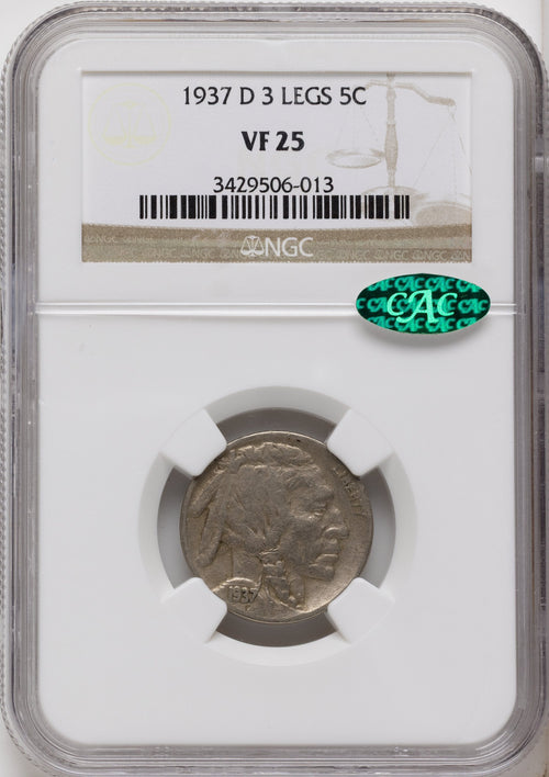1937-D 5C Three-Legged FS-901 CAC Buffalo Nickel NGC VF25