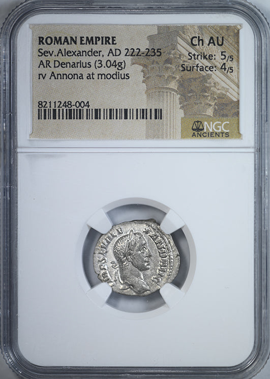 AD 222-235 Roman Empire Severus Alexander AR Denarius NGC Ancients Choice AU