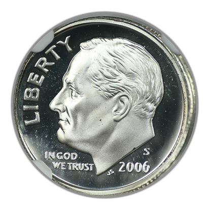 2006-S Proof Silver Roosevelt Dime 10C NGC Mint Error PF69 Ultra Cameo Finned Rim Obverse