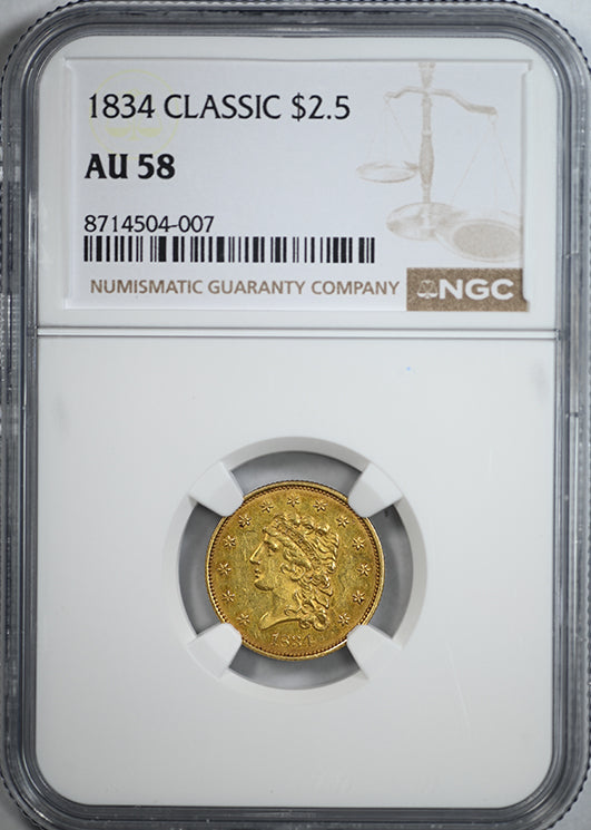 1834 Classic Head Gold Quarter Eagle $2.50 NGC AU58