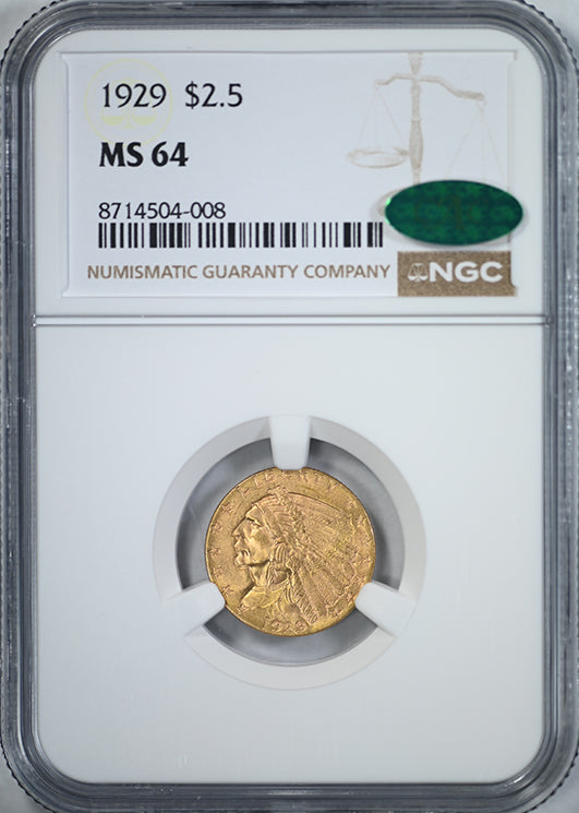 1929 Indian Head Gold Quarter Eagle $2.50 NGC MS64 CAC