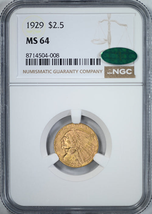 1929 Indian Head Gold Quarter Eagle $2.50 NGC MS64 CAC