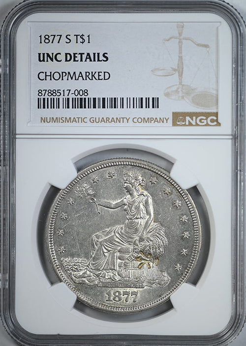1877-S Trade Dollar T$1 NGC UNC Details - Chopmarked