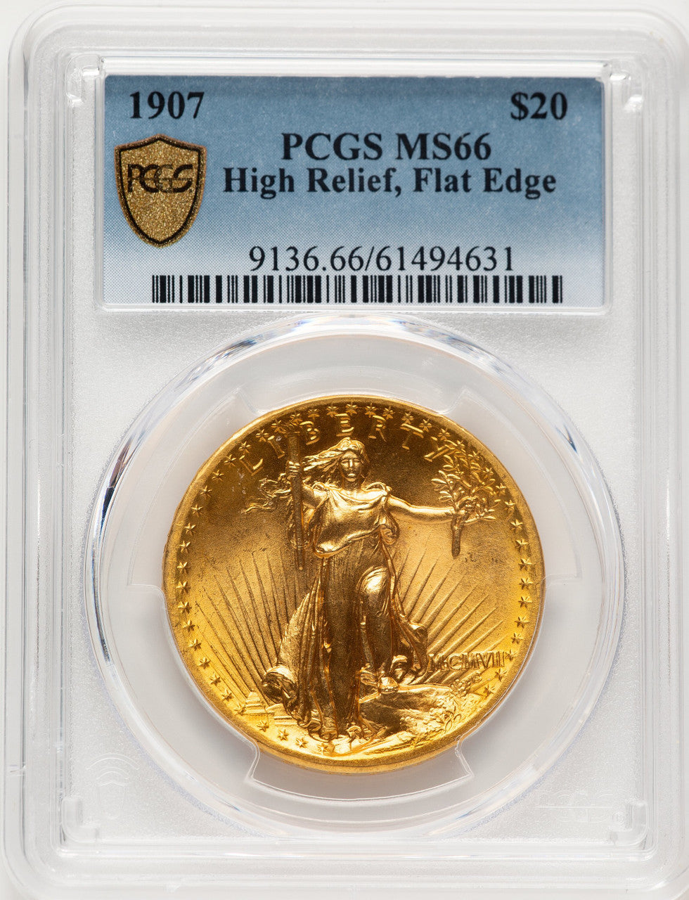 1907 $20 Flat Rim High Relief Double Eagle PCGS MS66