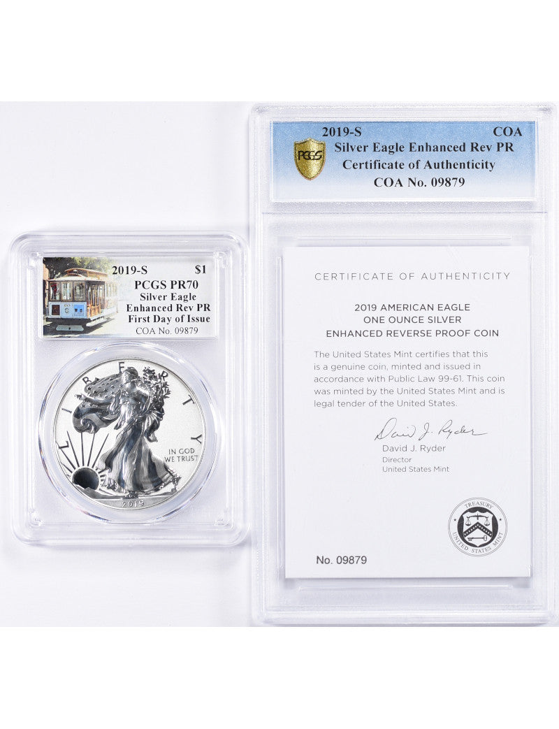 2019-S Enhanced Reverse Proof Silver Eagle PCGS PR70 FDOI Trolly Label with COA 13003