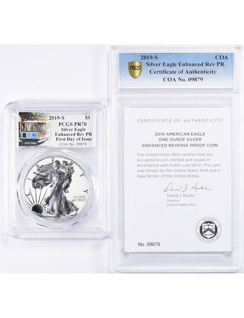 2019-S Enhanced Reverse Proof Silver Eagle PCGS PR70 FDOI Trolly Label with COA 13003