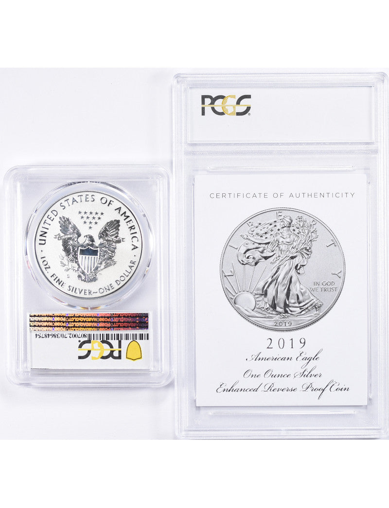 2019-S Enhanced Reverse Proof Silver Eagle PCGS PR70 FDOI Trolly Label with COA 13003