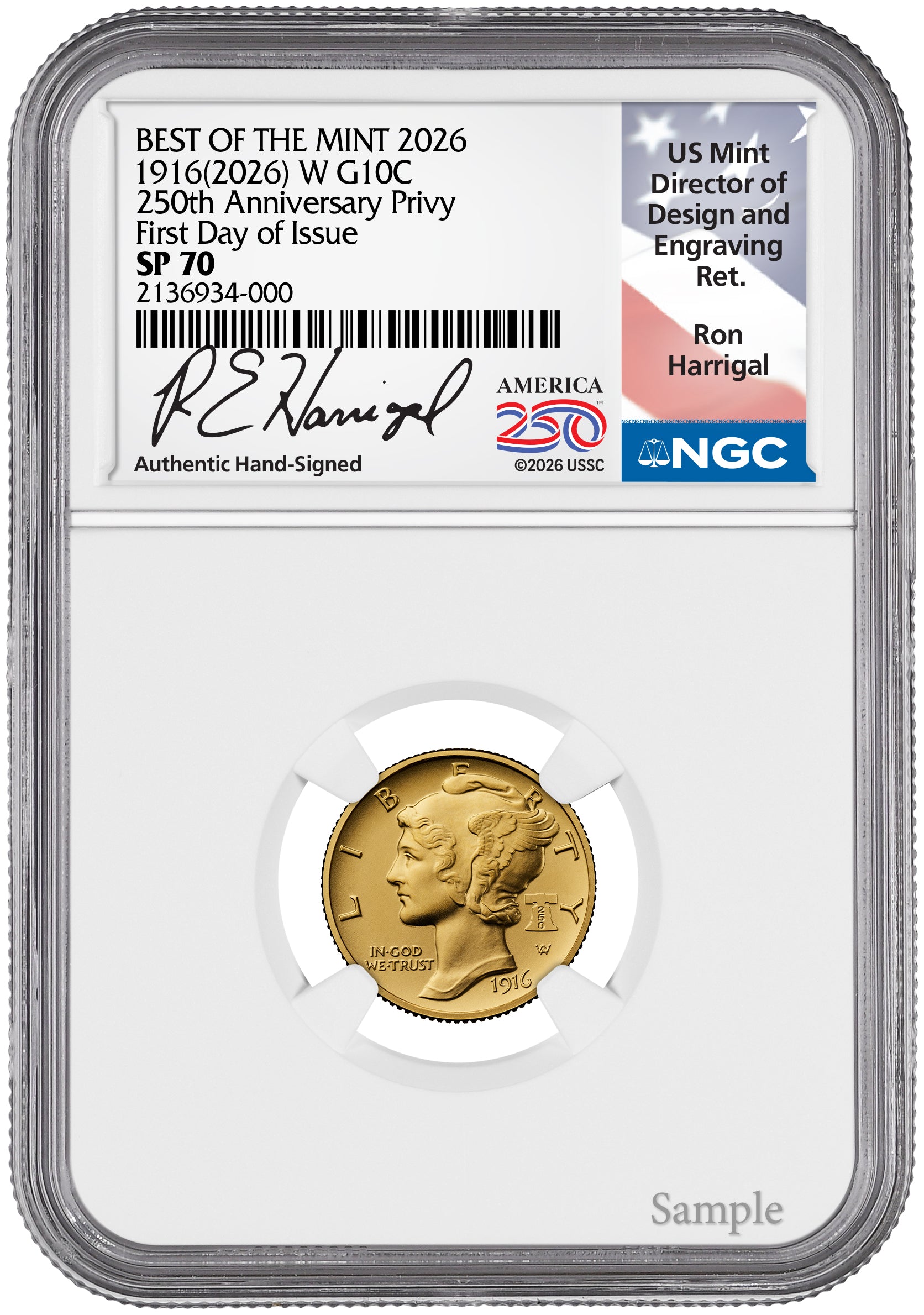 2026-W 1916 Mercury Gold Coin FDI NGC SP70 Harrigal