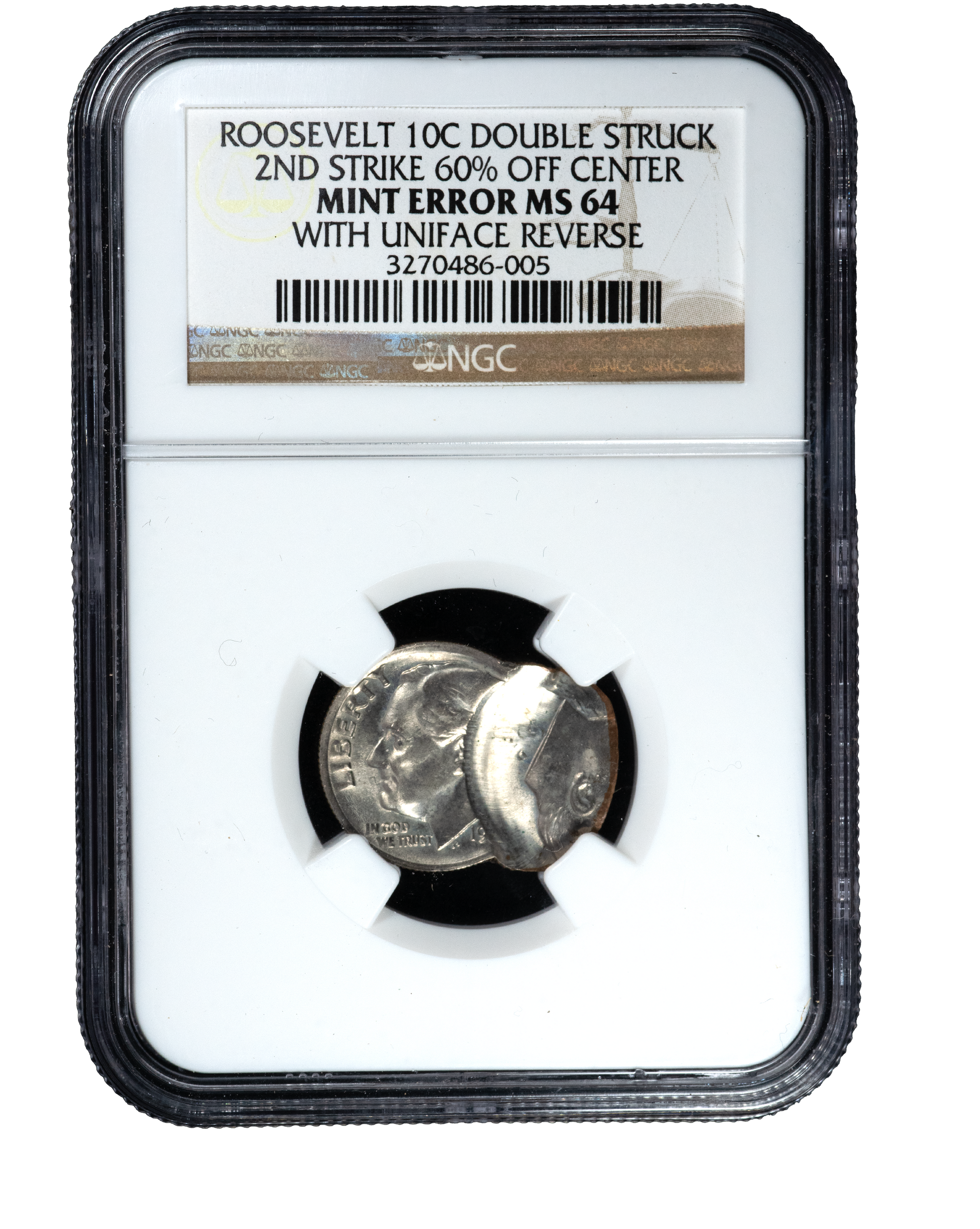 Roosevelt Dime Double Strike 2nd 60% Off Center Mint Error MS64 With Uniface Reverse