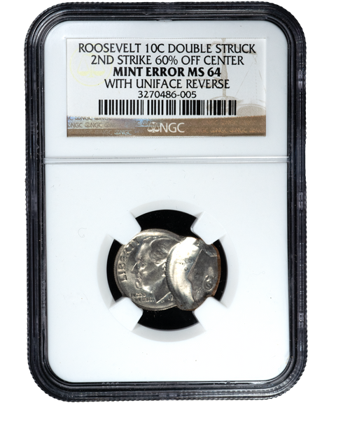 Roosevelt Dime Double Strike 2nd 60% Off Center Mint Error MS64 With Uniface Reverse