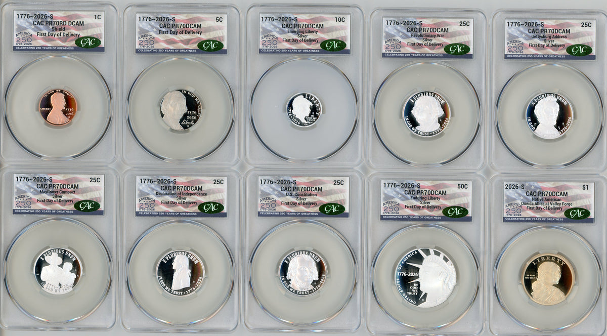 2026-S Semiquincentennial US Mint Proof Set CAC PR70 First Day of Delivery Flag Label