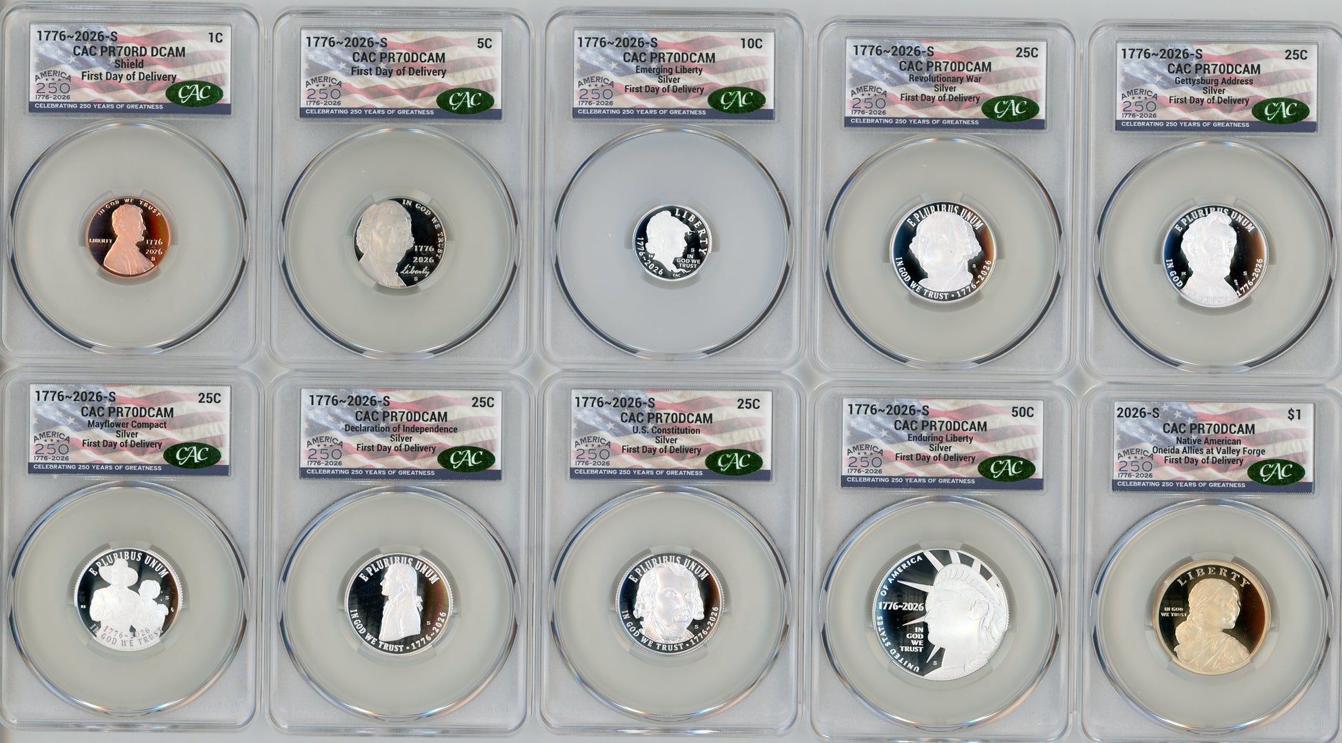 2026-S Semiquincentennial US Mint Proof Set CAC PR70 First Day of Delivery Flag Label