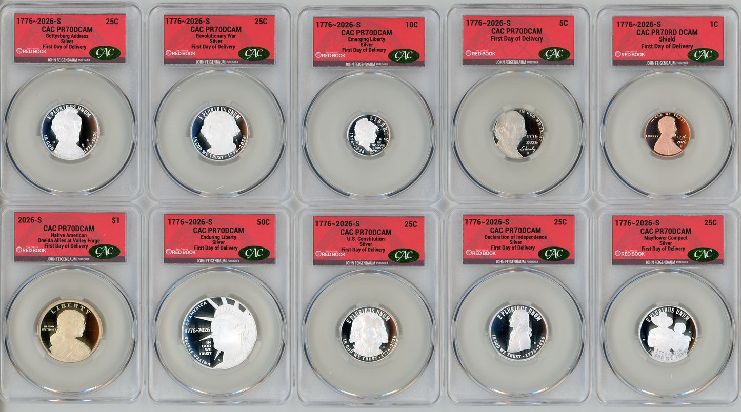 2026-S Semiquincentennial US Mint Proof Set CAC PR70 First Day of Delivery Feigenbaum Label