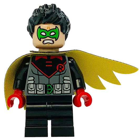 Robin - Green Mask, Red Hands, Black Medium Legs, Scalloped Asymmetrical Cape Black and Yellow Sides, sh1079 - Batman™ Minifigure