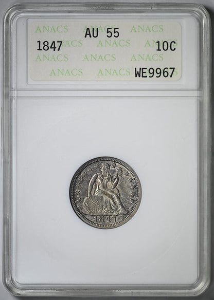 1847 Liberty Seated Dime 10C ANACS Soapbox AU55