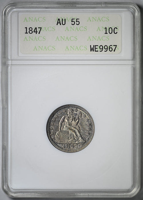 1847 Liberty Seated Dime 10C ANACS Soapbox AU55