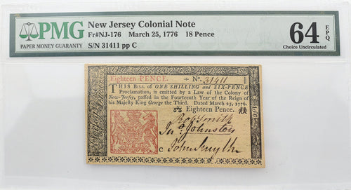 PMG New Jersey Colonial Note 16 Pence  CU 64 EPQ