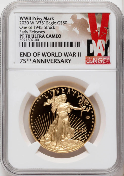 2020-W Proof Gold Eagle V75 Privy One of 1945 Struck 1 oz ER V-Day Label NGC PF70